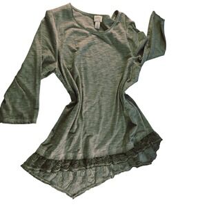 Zenergy Chico's Green Heathered 3/4 Sleeve Top Lace Trim Ruffle Asymetric Size 2